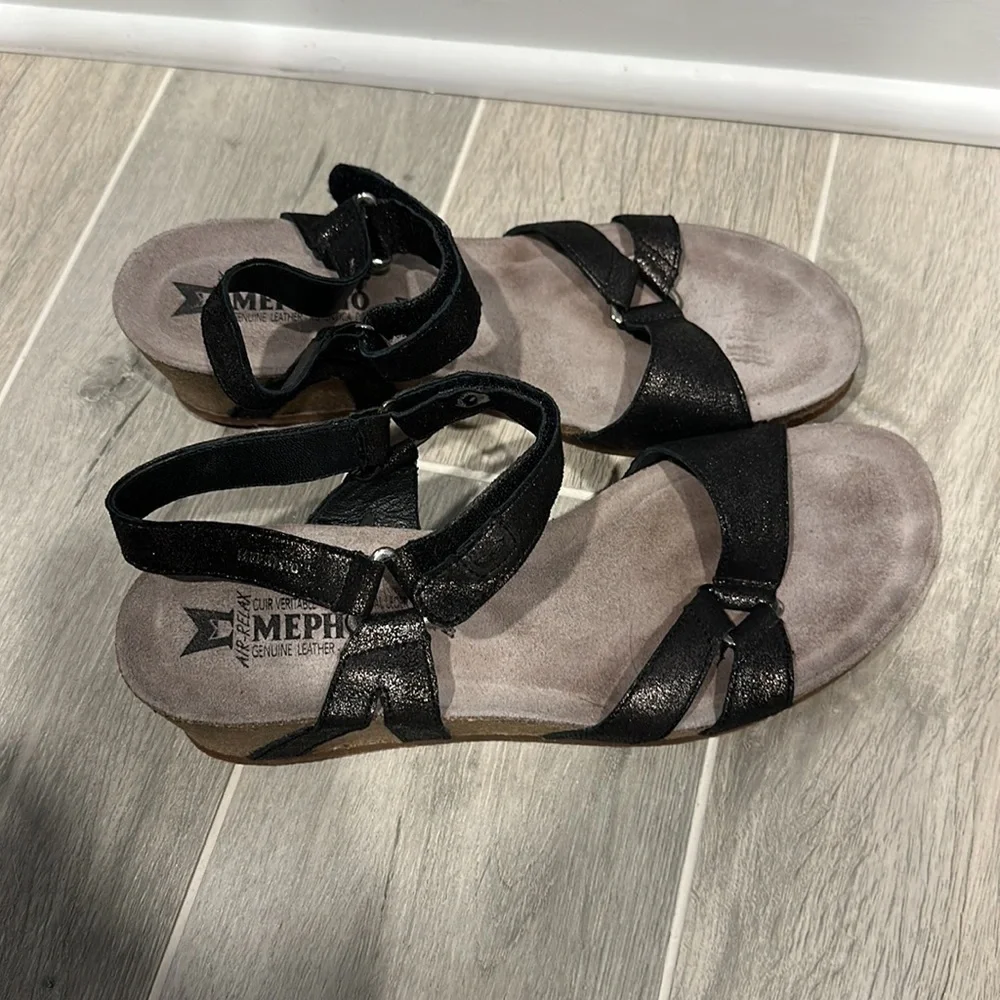 Mephisto Black Sandals Wedge Womens Size 41 Black US 10.5 Excellent Condition
